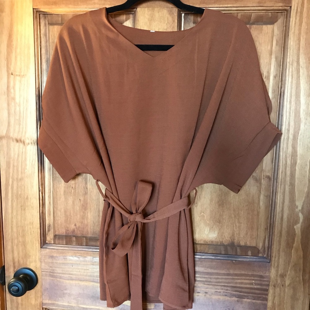 V Neckline Self Tie Short Sleeve Blouse Tunic Top